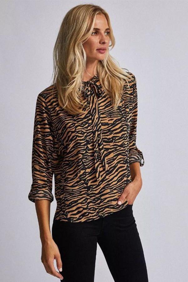 Brown Zebra Print Tie Neck Batwing Sleeve Shirt