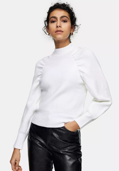 Ivory Gathered Sleeve Knitted Sweatshirt