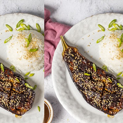 Miso Aubergine With Sticky Toasted Sesame Oil & Coconut Basmati