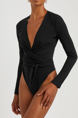 The Tied Black Stretch-Knit Wrap Bodysuit from Wolford
