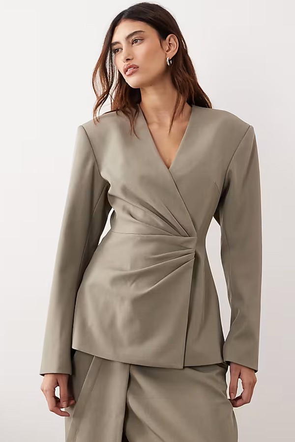 Cinched Collarless Pleated Wrap Blazer from ARRANGE