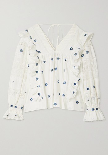 Carla Ruffled Embroidered Lace-Trimmed Cotton-Poplin Blouse from Lug Von Siga