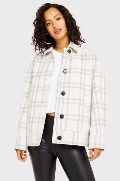 Grey Check Print Button Trucker Coat from Miss Selfridge