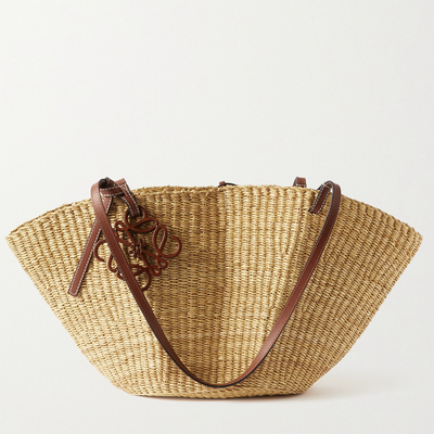 Shell Leather-Trimmed Woven Raffia Tote from Loewe