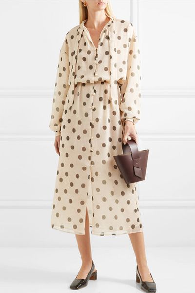 Zahara Pussy-Bow Polka-Dot Crinkled Chiffon Midi Dress from Nanushka