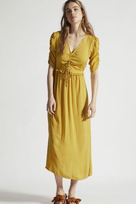 Long Satin Dress With Gathered Sleeves