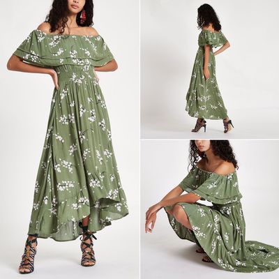 Green Floral Frill Bardot Maxi Dress