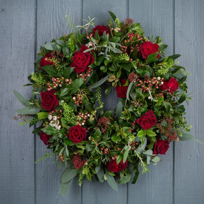 Classic Red Christmas Rose Door Wreath from The Real Flowers Co