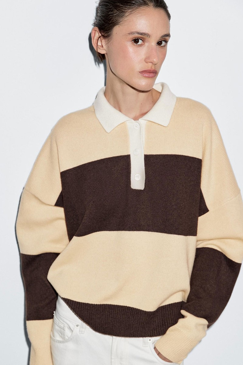 Striped Wool Blend Polo Sweater from Massimo Dutti