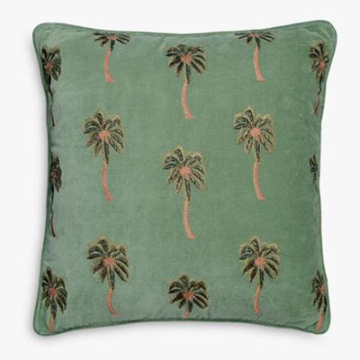 African Palmier Khaki Velvet Cushion from Elizabeth Scarlett