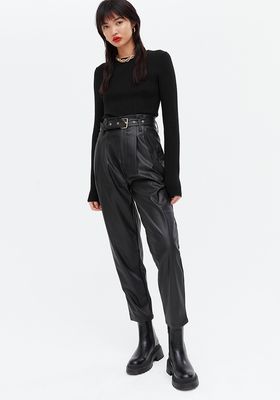 Black Leather-Look Tapered Trousers