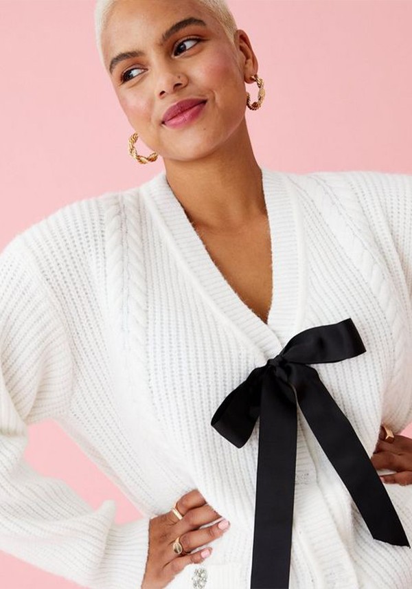 Tied With A Bow Curves Off White Cable Knit Cardigan