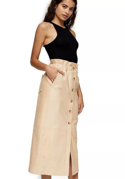 Leather Button Pencil Midi Skirt