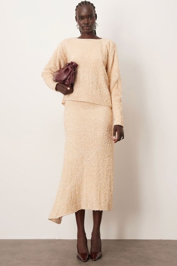 Velvet Allover Sequin Top & Asymmetric Hem Skirt Co-Ord from ARRANGE