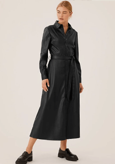 Faux Leather Belted Midi Shirt Dress