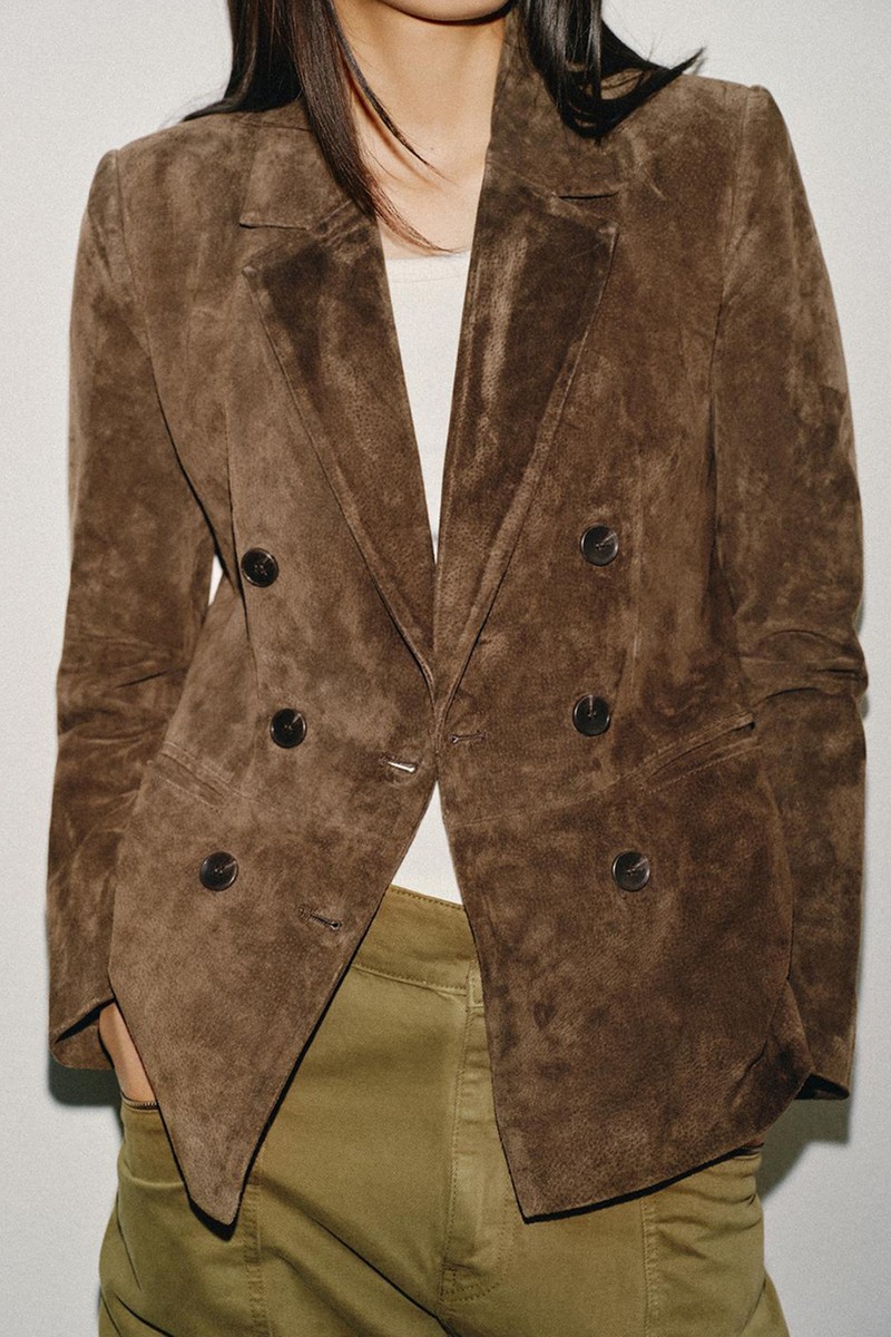 100% Leather Suede Double-Breasted Blazer