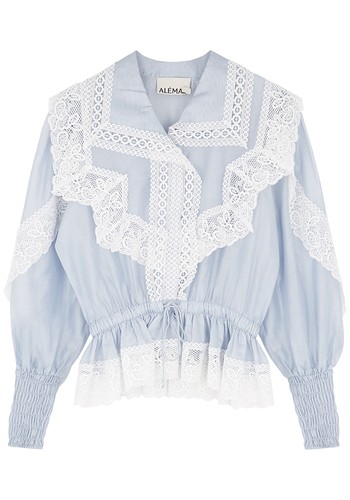 Mara Blue Lace-Trimmed Cotton-Blend Blouse from Alemais