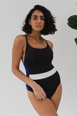 Open-Back Contrast-Panel Swimsuit