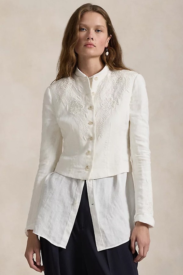 Floral-Embroidered Linen Jacket