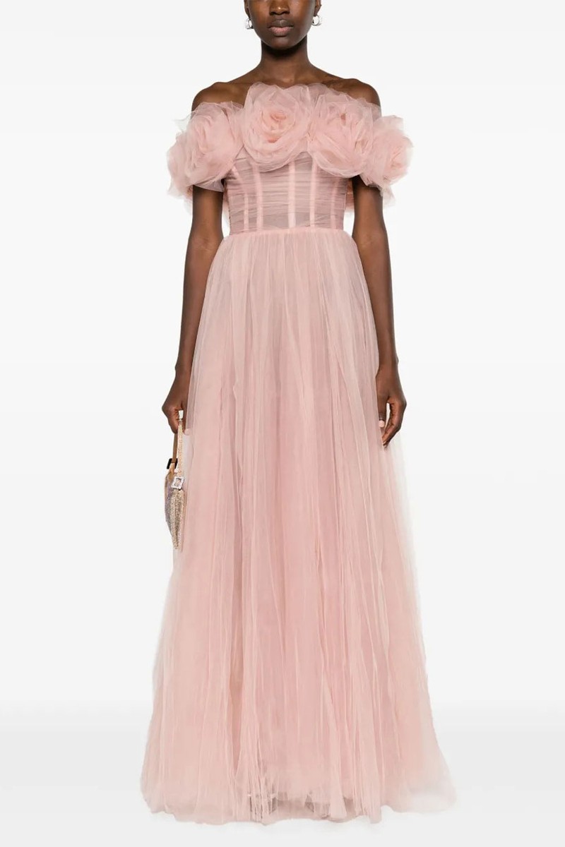 Rose-Appliqué Tulle Gown Dress from Ana Radu