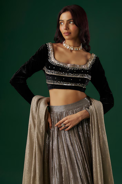 Silver Grey Shimmer Georgette Lehenga Set from Breathe By Aakanksha Singh