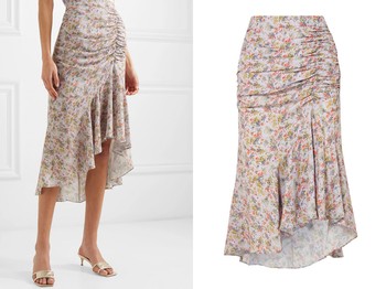 Frieda Asymmetric Ruched Floral-Print Crepe Midi Skirt from Alice + Olivia