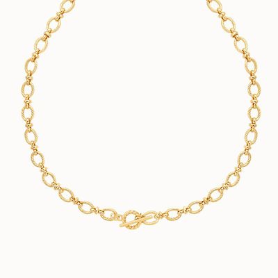 Textured Oval Link T-Bar Necklace in Gold