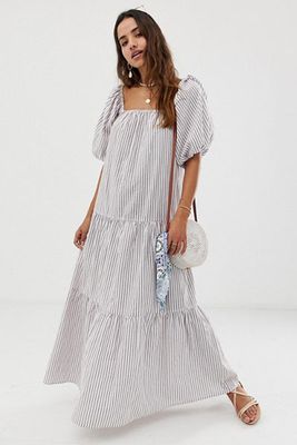 Tiered Maxi Dress In Stripe With Puff Sleeve