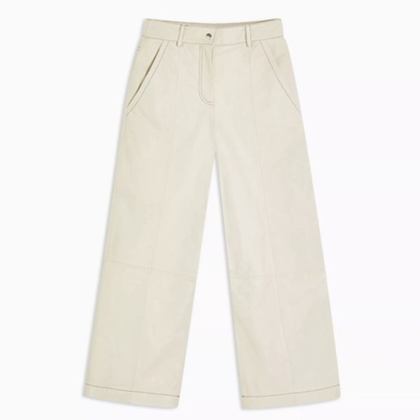 Cream Real Leather Wide Leg Trousers