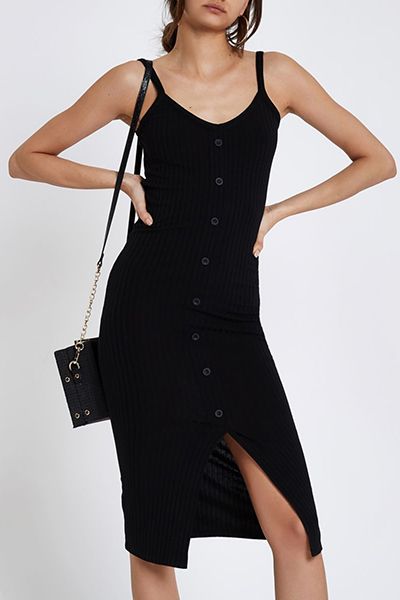 Black Button Front Rib Bodycon Dress