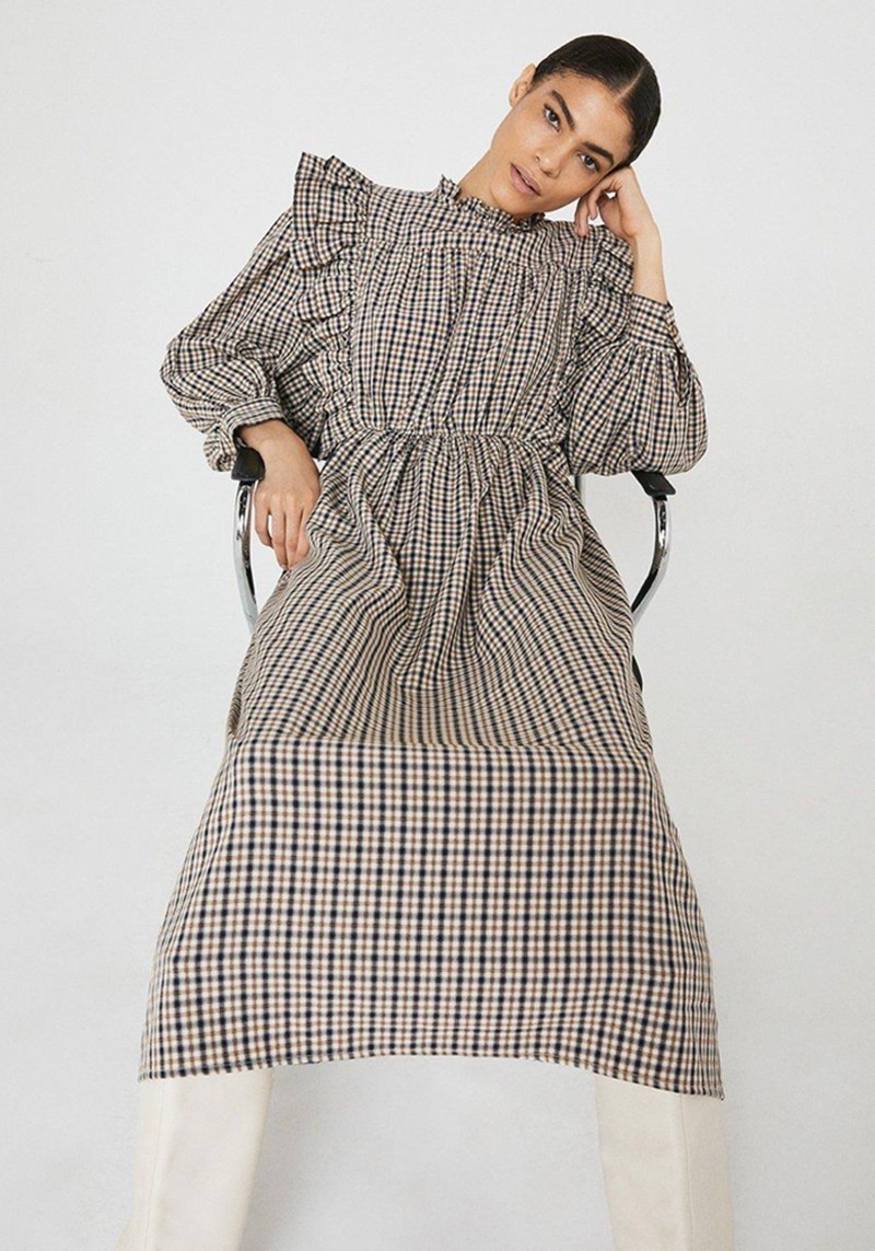 Check Frill And Lace Up Detail Midi Dress from Warehouse