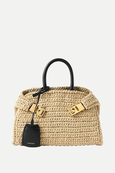 Hug Mini Leather-Trimmed Raffia Tote from Ferragamo 