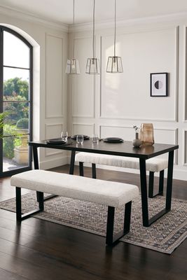 Natural Casual Bouclé And Black Oak Effect Table And Bench Set