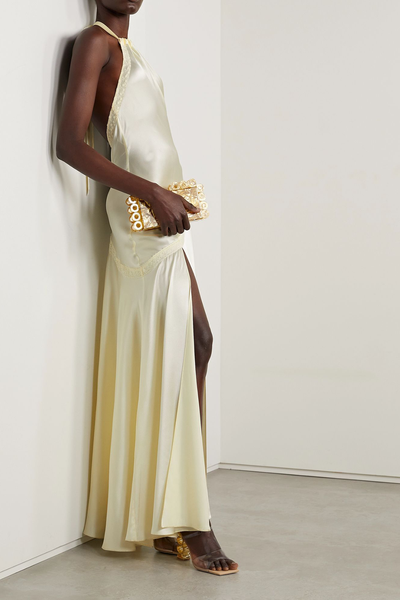 Braylon Lace-Trimmed Silk Satin Halterneck Gown from LoveShackFancy