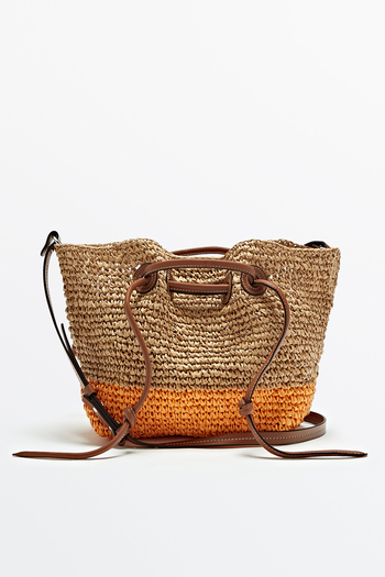 Floral Raffia Mini Handbag With Leather Handles from Massimo Dutti