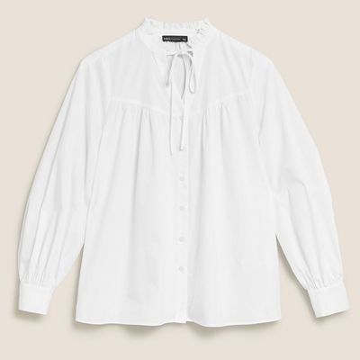 Pure Cotton Tie Neck Frill Detail Blouse