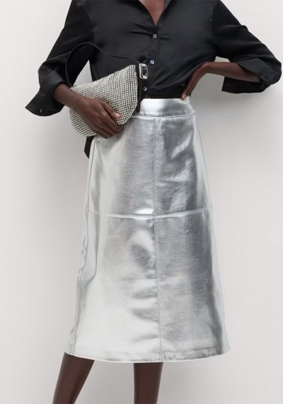 Leather Look Metallic Midi A Line Skirt