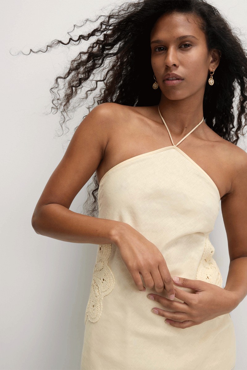 Linen Rich Cutwork Detail Halter Neck Top