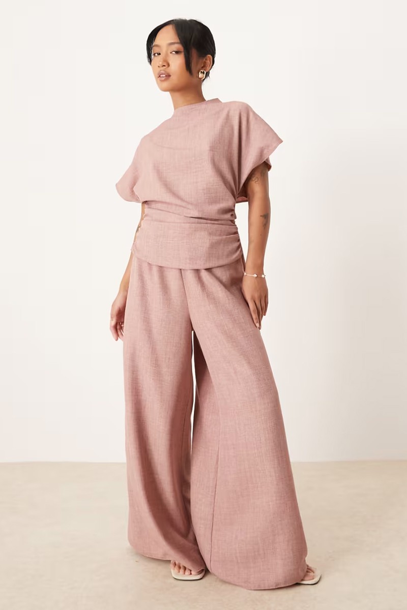 Petite Linen Look Open Back & Ruched Detail Jumpsuit from ASOS DESIGN
