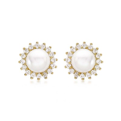 9ct Yellow Gold Pearl & Zirconia Cluster Stud Earrings from Harper Kendall