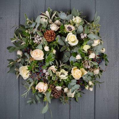 Frosty Morning Christmas Rose Door Wreath from The Real Flowers Co