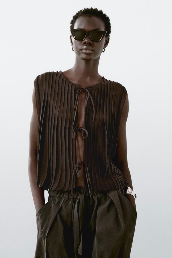 Waistcoat With Tie & Pleated Detail from Massimo Dutti