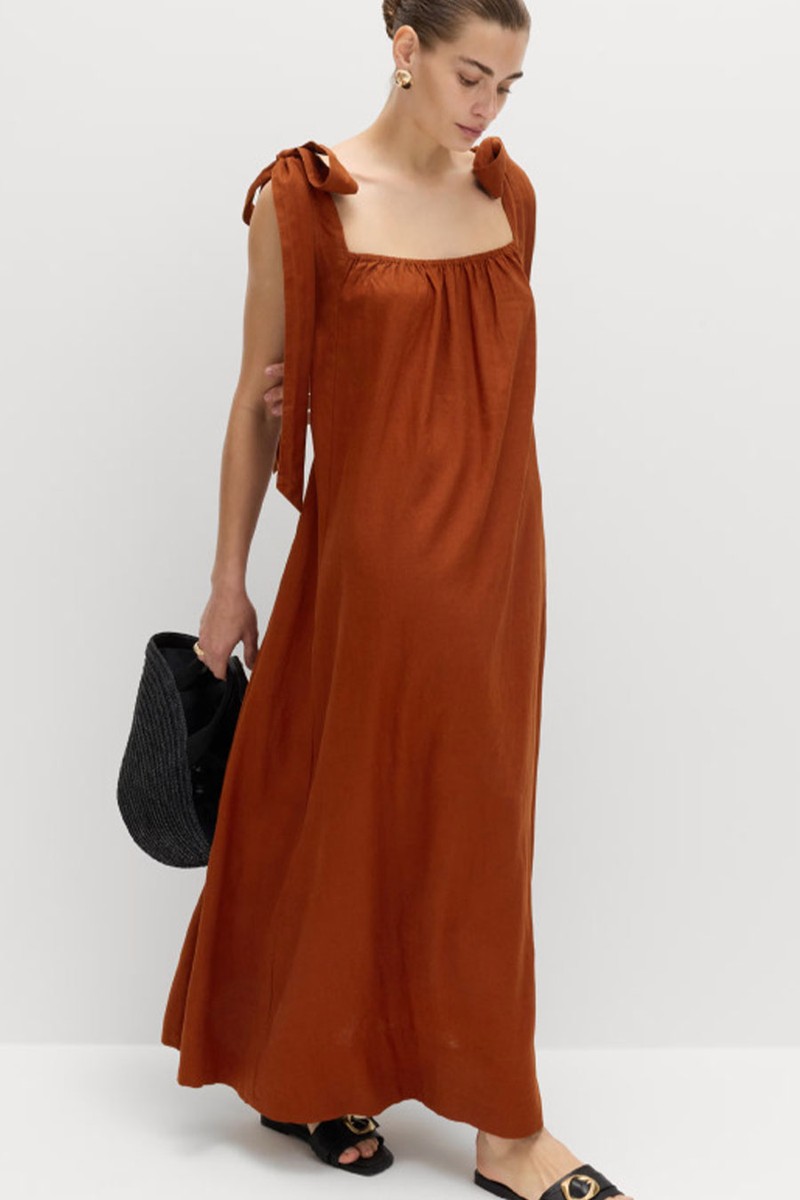 Linen Rich Tie Bow Maxi Beach Dress