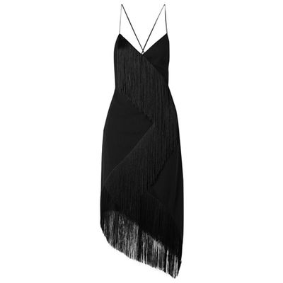 Asymmetric Fringed Wool-Crepe Wrap Effect Midi Dress