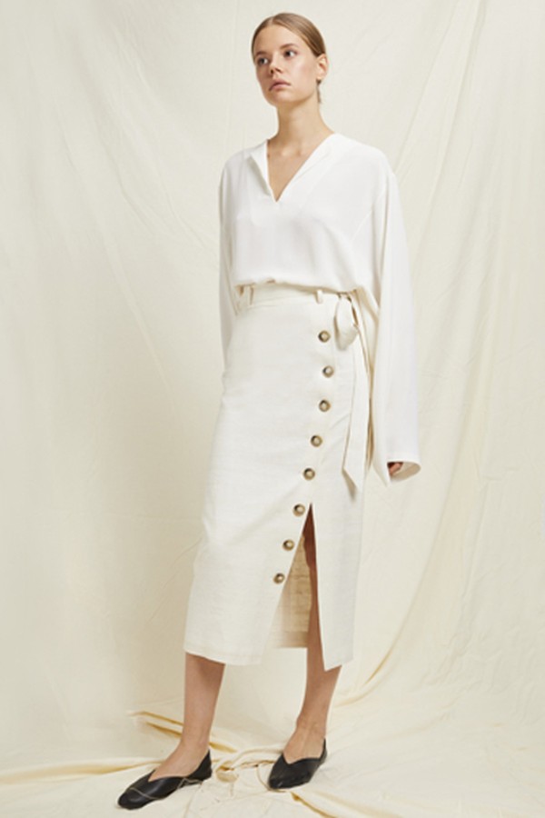 Button Down Raw Silk Skirt