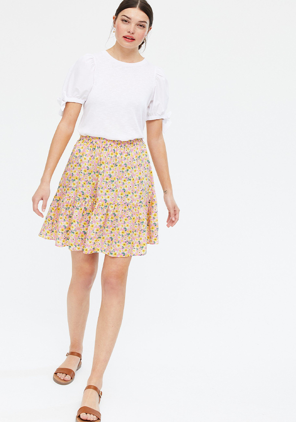 Pink Floral Tiered Mini Skirt