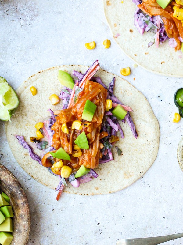 Pulled Jackfruit Tacos with Chipotle, Charred Corn & Coleslaw