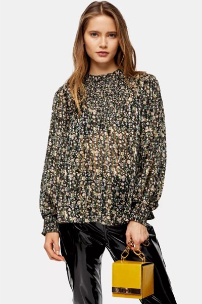 Metallic Shirred Smock Blouse