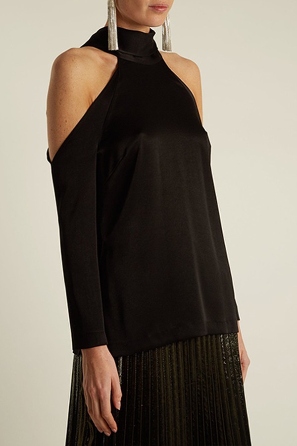Tie Neck Cut-Out Shoulder Satin Top from Galvan