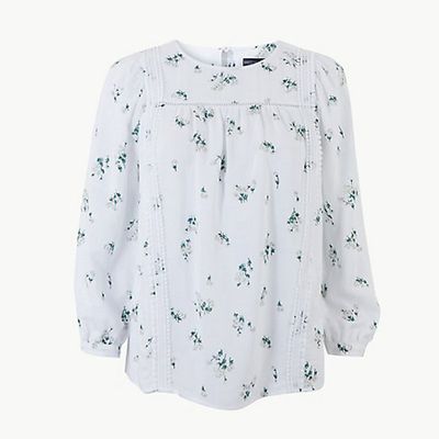 Floral Print Long Sleeve Blouse With Linen
